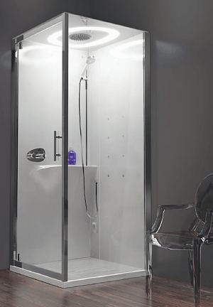 Novellini corner shower with full side entry pivot door